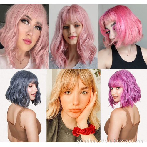 Wholesale price High Temperature Fiber Short Natural Wave  Pink  Water Wave Synthetic Wig For Women With Flat Bangs